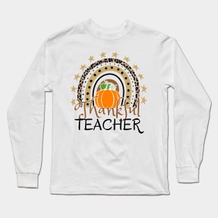 Thankful Teacher, leopard Rainbow Pumpkin Long Sleeve T-Shirt